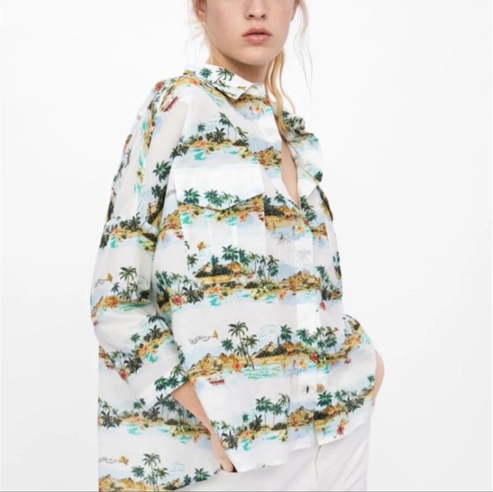 ZARA sz Small Blouse Aloha Button Down Palm Trees 1/2 Sleeve Relaxed Fit Multi